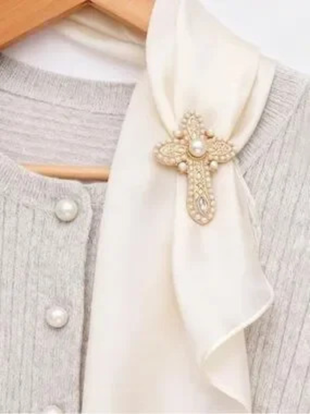 Elegant Ivory Pearl Sanctum Cross Brooch
